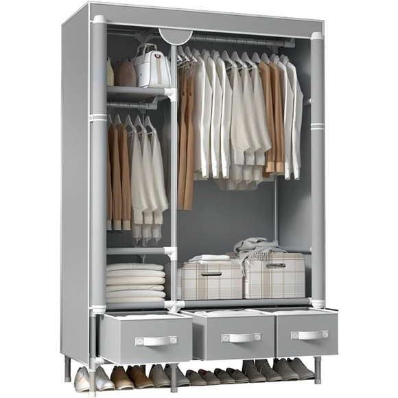 Portable Clothes Closet Rolling Door Wardrobe with Hanging Rack Non-Woven Fabric Storage Organizer