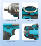 1000N.M Brushless Cordless Electric Impact Wrench Rechargeable 1/2" Power Tools