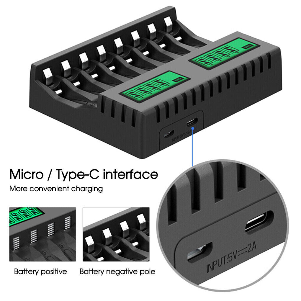8 Slot Smart Battery Charger for AA/AAA Rechargeable Batteries LCD Dis