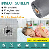 Fiberglass Insect Fly Screen - Easy Installation, 5m x 1m Roll in Black & Grey
