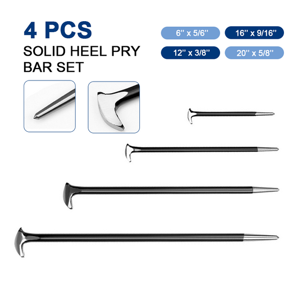 4Pc Solid Pry Bar Set Steel Prying Kit Rolled Heel Prying Pinch Lever Bars