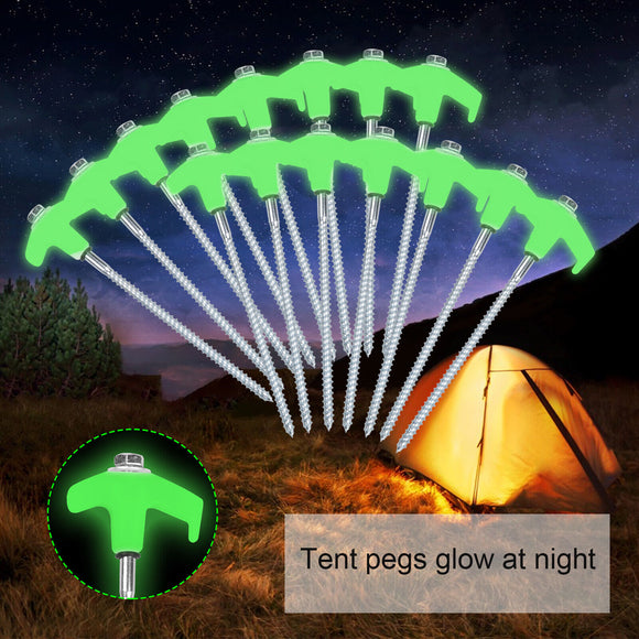 Heavy Duty Steel Hex Screw in Camping Tent Pegs Glow in The Dark Head + Bag