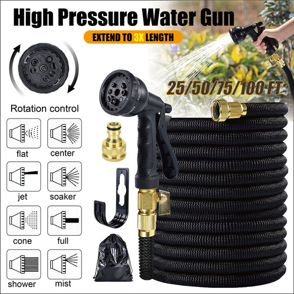 25-100FT Garden Water Hose Flexible Expandable Pipe Car Wash W/ Spray Nozzle Gun