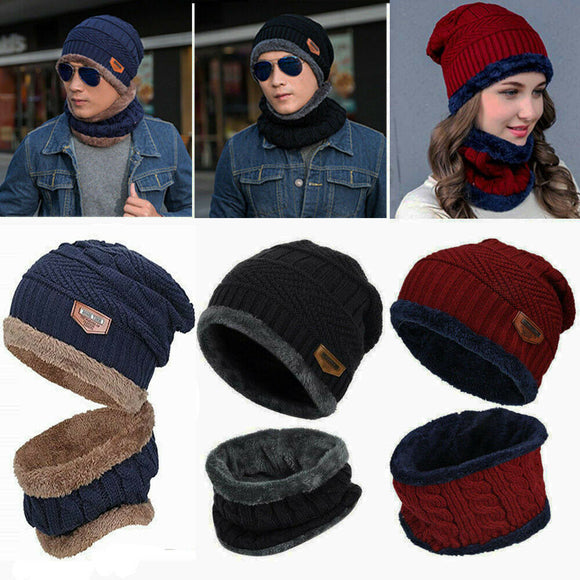 Winter Knitted Hat Men Fur Women Neck Warm Chunky Beanie Fleece Ski Cap
