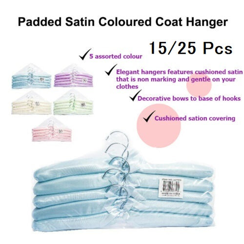 15/25 x Satin Fabric Cover Clothes Coat Hanger Padded New Soft Brand New
