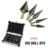 5PCS HSS Step Steel Cone Drill Titanium Bits Set Kit Hole Cutter + Aluminum Case