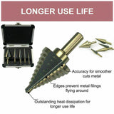5PCS HSS Step Steel Cone Drill Titanium Bits Set Kit Hole Cutter + Aluminum Case