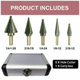 5PCS HSS Step Steel Cone Drill Titanium Bits Set Kit Hole Cutter + Aluminum Case