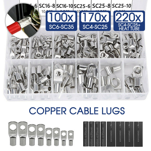 170X Tinned Battery Copper Cable Lugs Crimp Terminals Kits Wire Connector Set