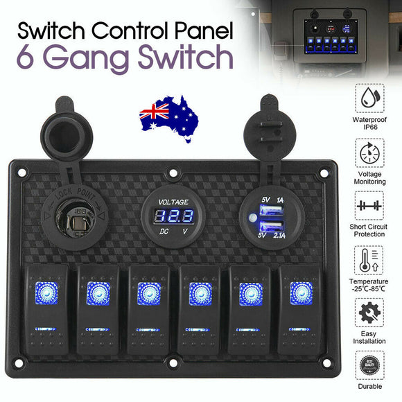 12V 6 Gang Switch Panel LED Light Rocker Circuit Breaker For Car RV Boat Marine