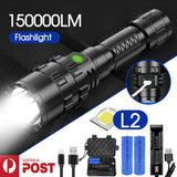 150000LM CREE L2 LED Tactical Flashlight USB Rechargeable Camping Hunting Torch