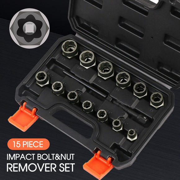 15-Piece Impact Damaged Bolt Nut Screw Remover Tool Socket Threading Extractor