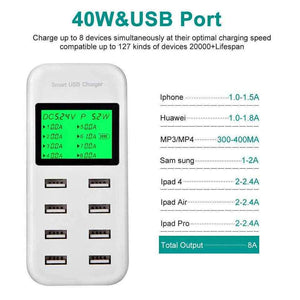 8 Port USB Desktop Wall Charger 5V/8A LCD Smart Fast Charging for Phone Tablet