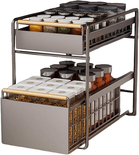 Pull Out 2 Tier Metal Cabinet Organizer with Solid Wood Handle