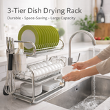 3-Tier Stainless Steel Dish Drying Rack with Cutlery Holder & Cup Hooks