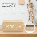 Digital Alarm Clock Wooden Table Desk Bedside LED Clock With Wireless Charger