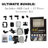 4K Action Camera Waterproof Sports Cam 20MP WiFi 64GB SD Card 17pc Accessory Kit