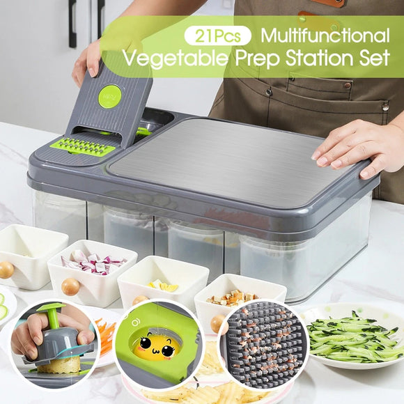 21PCS Vegetable Chopper Set w/ Slicer Grater Basket Board Kitchen Tool Kit
