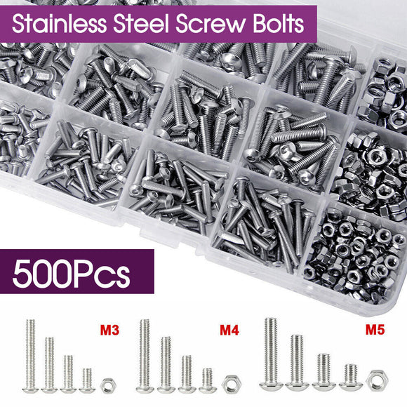 500pc M3 M4 M5 304 Stainless Steel Hex Socket Button Head Bolts Screws Nuts Kit