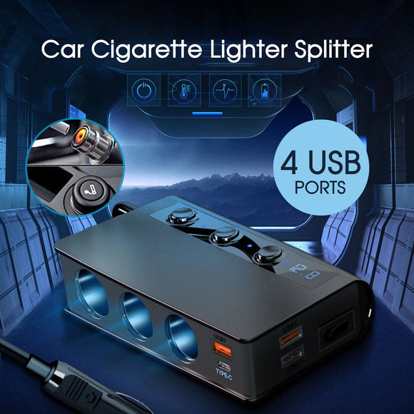 3 Way Multi Car Socket Splitter 4 USB Charger/Power Adapter