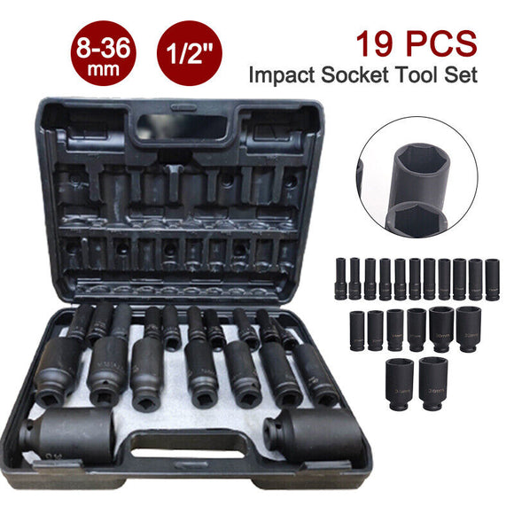 19pcs 1/2''Drive Deep Impact Socket Tool Set Metric Garage Workshop Tools 8-36MM
