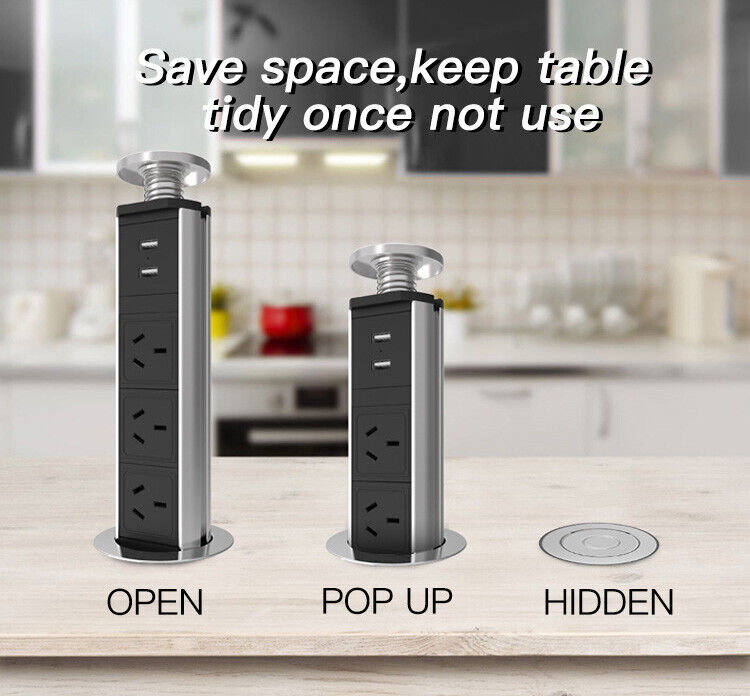 Pop Up Power Point 3 Socket Plug + 2 USB Table Home Kitchen Desk Outle ...