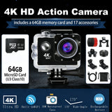4K Action Camera Waterproof Sports Cam 20MP WiFi 64GB SD Card 17pc Accessory Kit