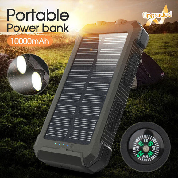 10000mAh Waterproof Solar Power Bank 2 USB LED External Backup Battery Charger