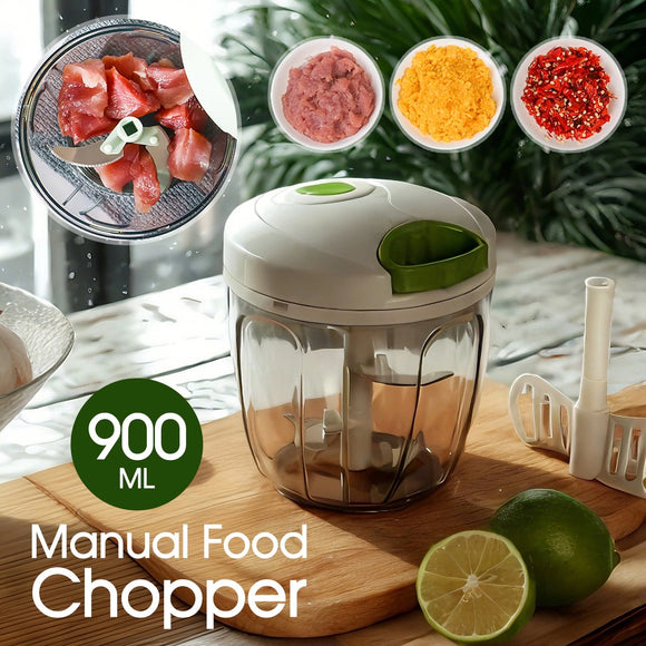 900ML Manual Food Chopper – Garlic Onion Crusher with Plastic Mixer Blade