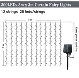 3x3m 300 LED Solar Power Curtain Lights Fairy String Outdoor Xmas Party Garden
