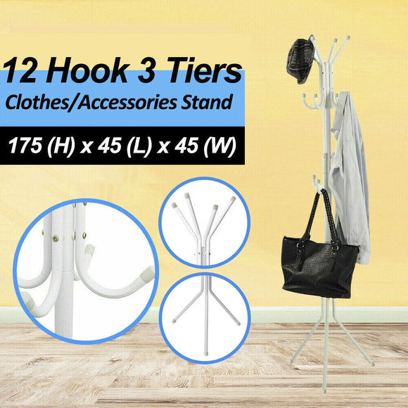 3-Tier Hat Clothes Rack Metal 12 Hook Coat Hanger Stand