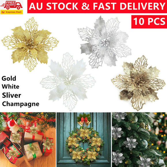 10pcs Artificial Glitter Poinsettia Flowers Hanging Xmas Tree Party Home Decor
