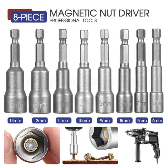 8-Piece Socket Magnetic Nut Driver Set Drill Bit Adapter 1/4'' Hex Shank 6-13MM