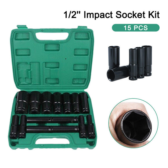 15Pcs1/2''Drive Metric Deep Impact Socket Kit Pneumatic Wrench Head Tire Removal
