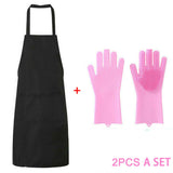 Silicone Rubber Dish Washing Kitchen Gloves Scrubber Cleaning Scrubbing + Apron