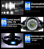 100000LM Rechargeable Headlight Zoomable LED Headlamp CREE XML T6 Head Torch