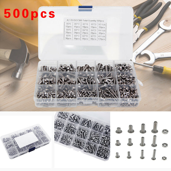 500pc M3 M4 M5 304 Stainless Steel Hex Socket Button Head Bolts Screws Nuts Kit