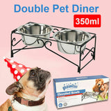 Dual Elevated Raised Pet Dog Feeder Bowl Stainless Steel Food WaterStand 2x350ml