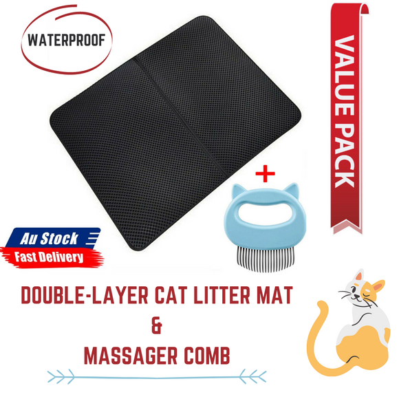 Large Waterproof Double-Layer Cat Litter Mat Trapper Foldable Pad+Massager Comb