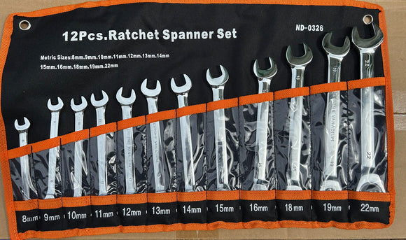 12Pcs 8MM-22MM Ratchet Spanner Set & Rolling Bag Hand Tool Kit