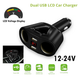 LCD Car Dual USB Charger Cigarette Lighter Socket Splitter 12-24V Power Adapter