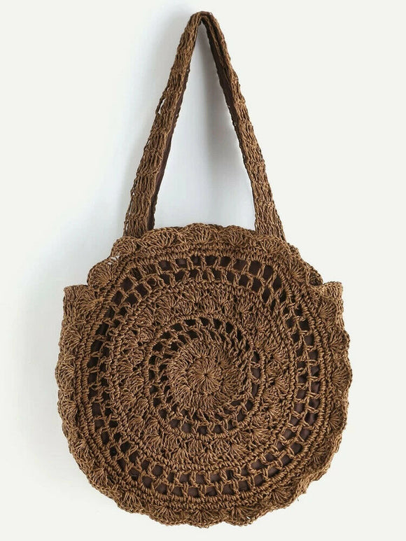 Women Straw Handbag Round Tote Large Crochet Bag Vacation Casual Shoulder Bag