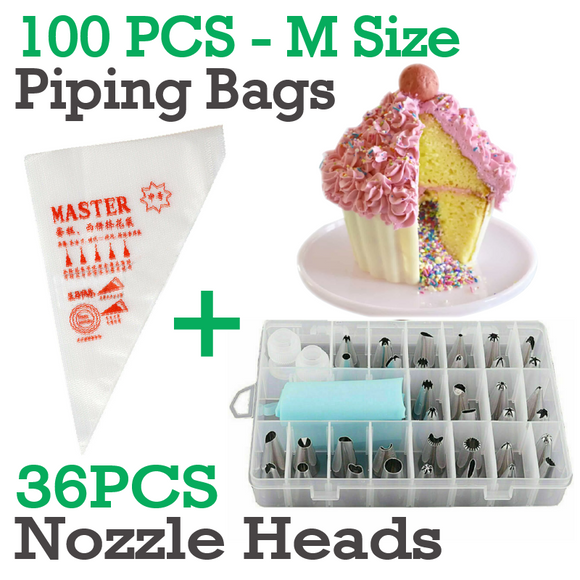 100Pcs Plastic Disposable Piping Bags + 36pcs Nozzles Cake Decor Icing Frosting