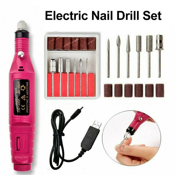 Electric Nail Drill Bits 6 File Tool USB Machine Acrylic Art Manicure Pen Shaper