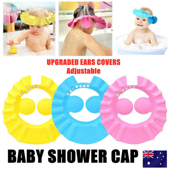 ADJUSTABLE BABY SHOWER CAP KIDS BATH SHAMPOO SHIELD WASH HAIR HAT EAR COVERS