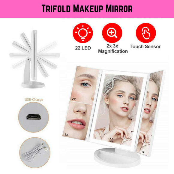 Makeup Mirror with Light Touch Screen Dimmable Lights up Vanity Cosmetic Trifold