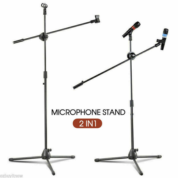 Adjustable Foldable Microphone Stand Mic Holder Tripod Two Clip Boom