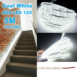 Waterproof Cool White 600 LED 12V 5M 3528 SMD LEDs Strip Light Caravan Camping