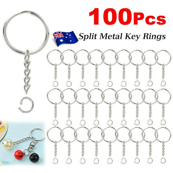 100x Split Metal Key Rings Keyring Blanks With Link Chains For DIY Craft