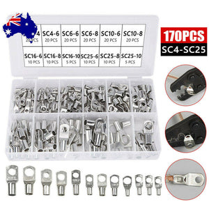 170X Tinned Battery Copper Cable Lugs Crimp Terminals Kits Wire Connector Set